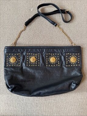 Vintage Samir Black Genuine Leather Shoulder Bag with Gold Stud Accents